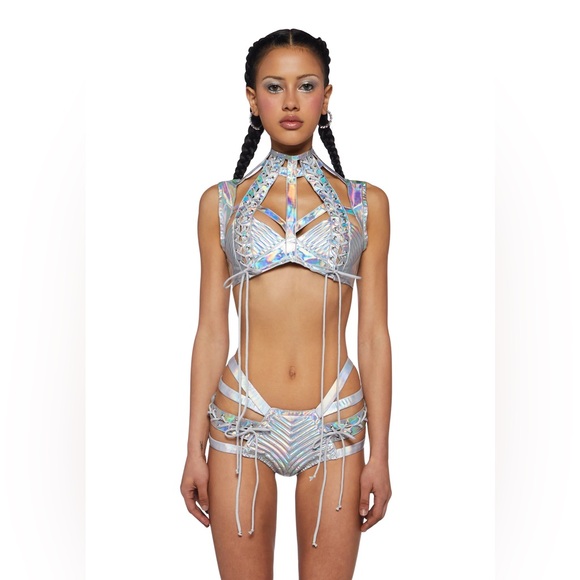 💔SOLD💔 CLUB EXX Rude Awakening Holographic Lace Up Harness Rave Bra Top Silver - Picture 11 of 11